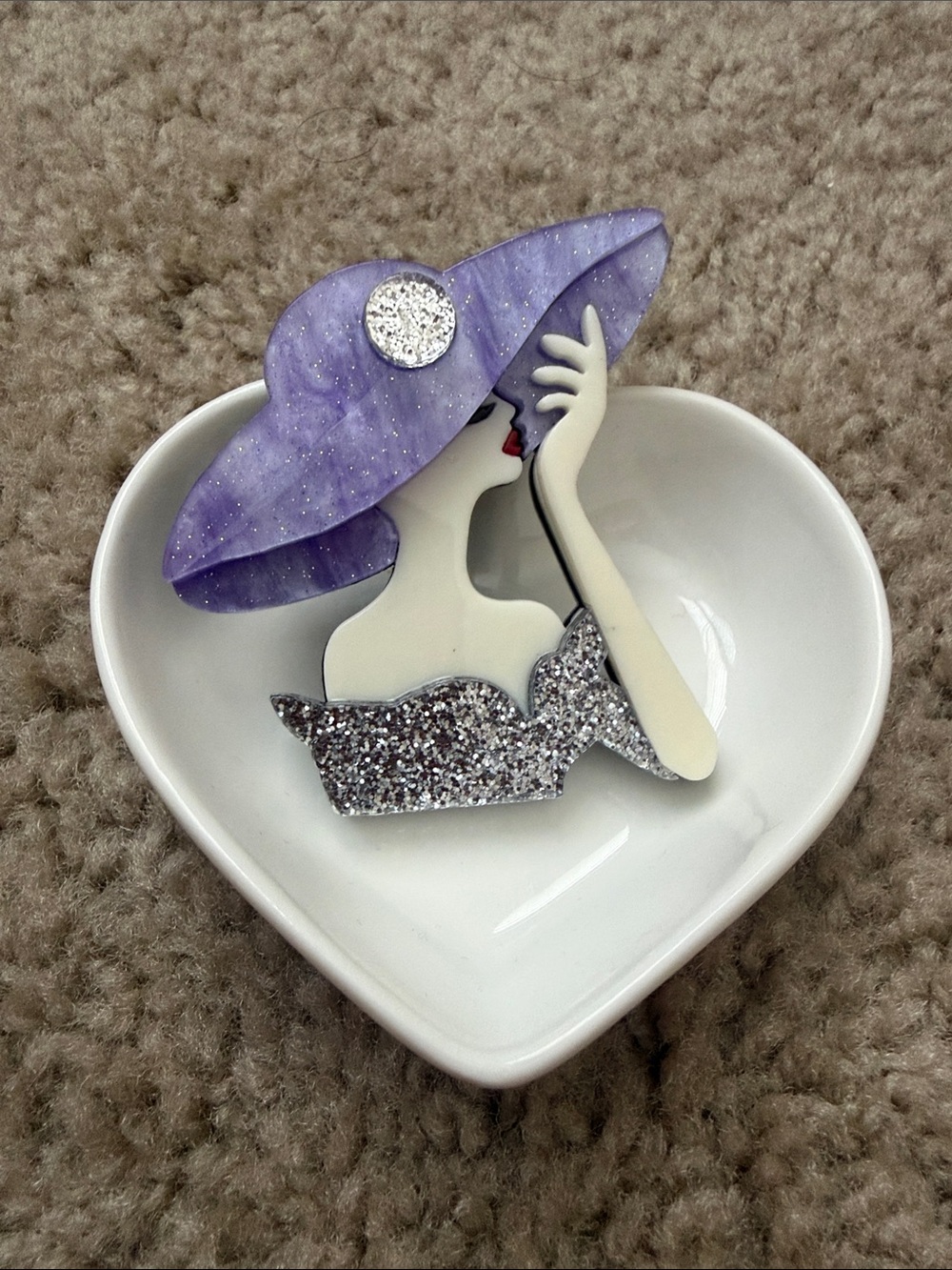 Elegant Purple Hat Woman Brooch with Silver Glitter Dress